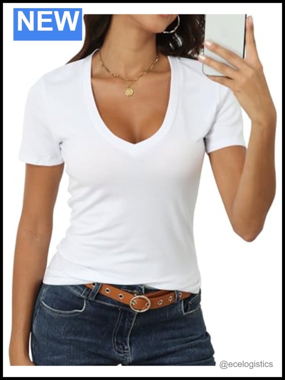 Women's Short Sleeve Deep V Neck Fitted Cotton T-Shirt